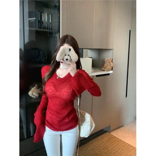 日本offcat粉色袖口开叉设计感V领内搭毛衣女秋冬修身显瘦针织衫