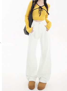 日本offcat垂坠感白色阔腿牛仔裤女2026春季新款美式褶皱宽松直筒