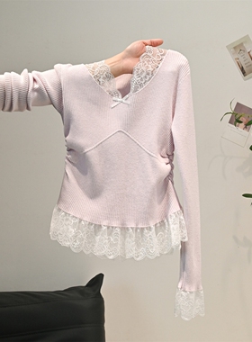 日本offcat韩系别致漂亮紫色蕾丝v领针织衫女秋冬今年流行新款内