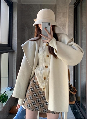 日本offcat白色双面羊毛大衣女2024冬新款高级感韩系短款连帽小个