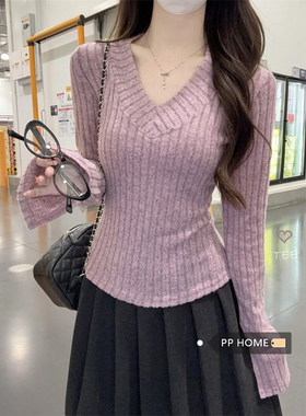 日本offcat温柔风紫色V领坑条针织衫上衣女秋冬修身显瘦长袖套头
