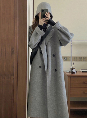 日本offcat毛呢外套女2024冬新款韩系中长款收腰小个子高级感灰色