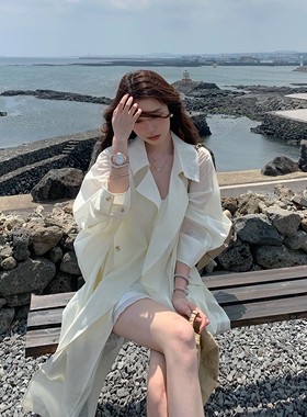 日本offcat白色天丝中长款防晒风衣女2025新款双排扣廓形冰感开衫