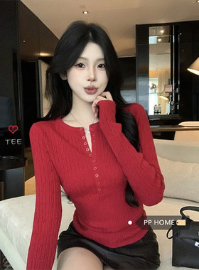 日本offcat红色亨利领麻花纹毛衣女秋冬修身显瘦减龄chic针织衫打