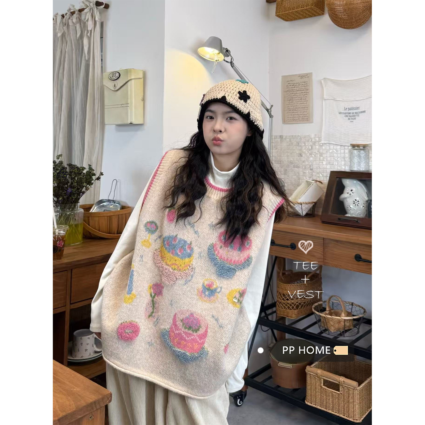 日本offcat甜美风立体小蛋糕提花圆领上衣女秋冬宽松显瘦短款马甲