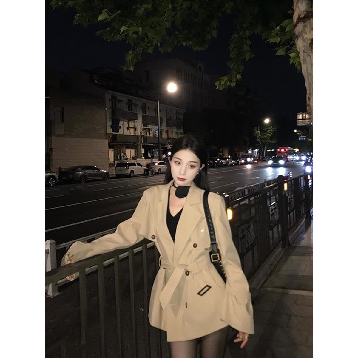 日本offcat翻领双排扣短款风衣女春秋季新款高级感宽松垫肩小个子