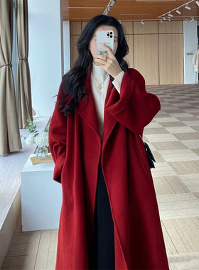 日本offcat西西里红色双面呢子大衣女2024冬季中长款小个子收腰系