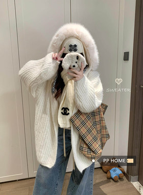 日本offcat慵懒感白色连帽毛领针织开衫上衣女秋冬宽松显瘦毛衣外