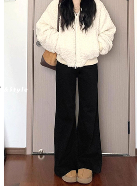 日本offcat黑色不贴腿微喇牛仔裤女加绒冬季新款宽松显瘦梨型身材