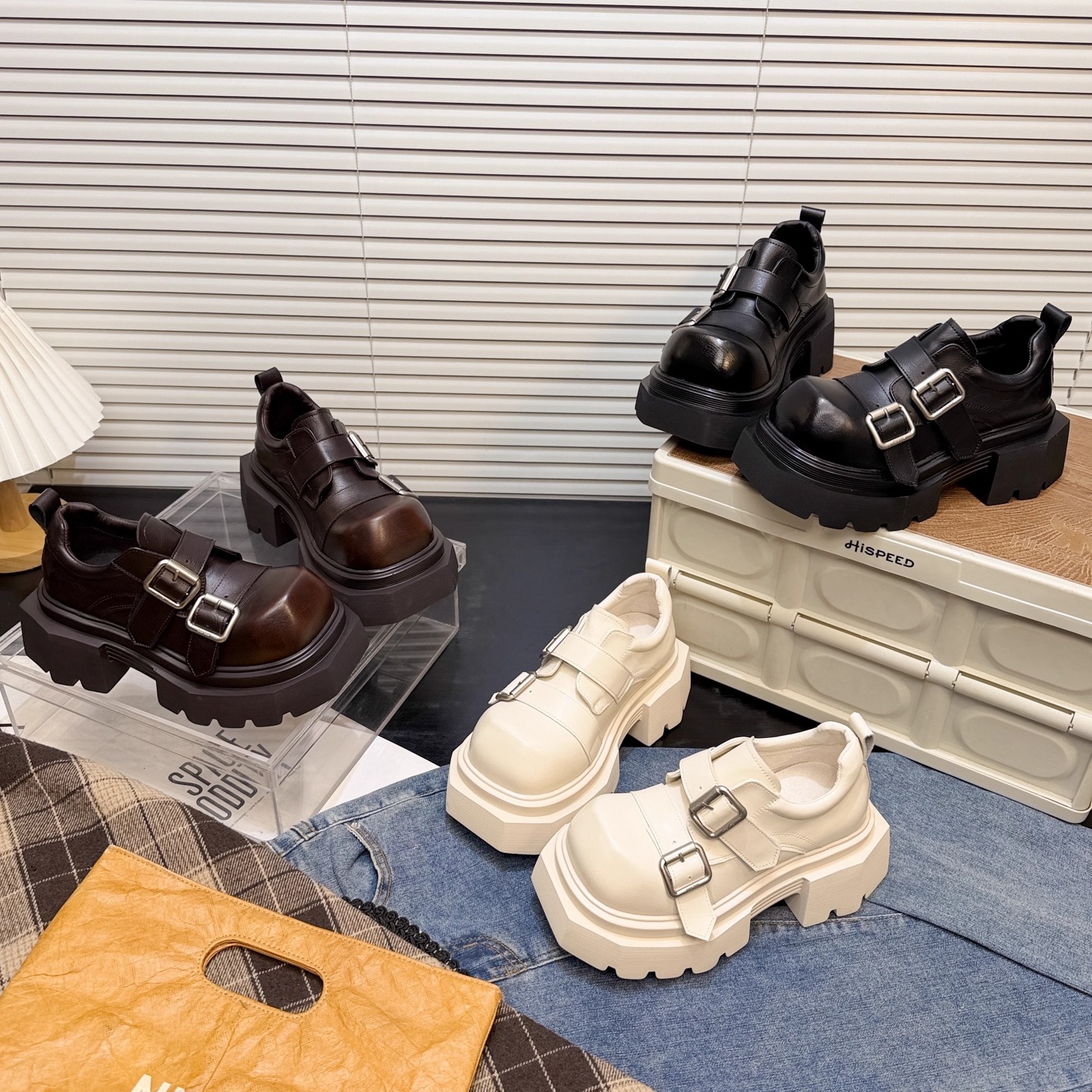 日本offcat7cm真皮厚底增高金属扣大头擦色JK小皮鞋女乐福鞋单鞋