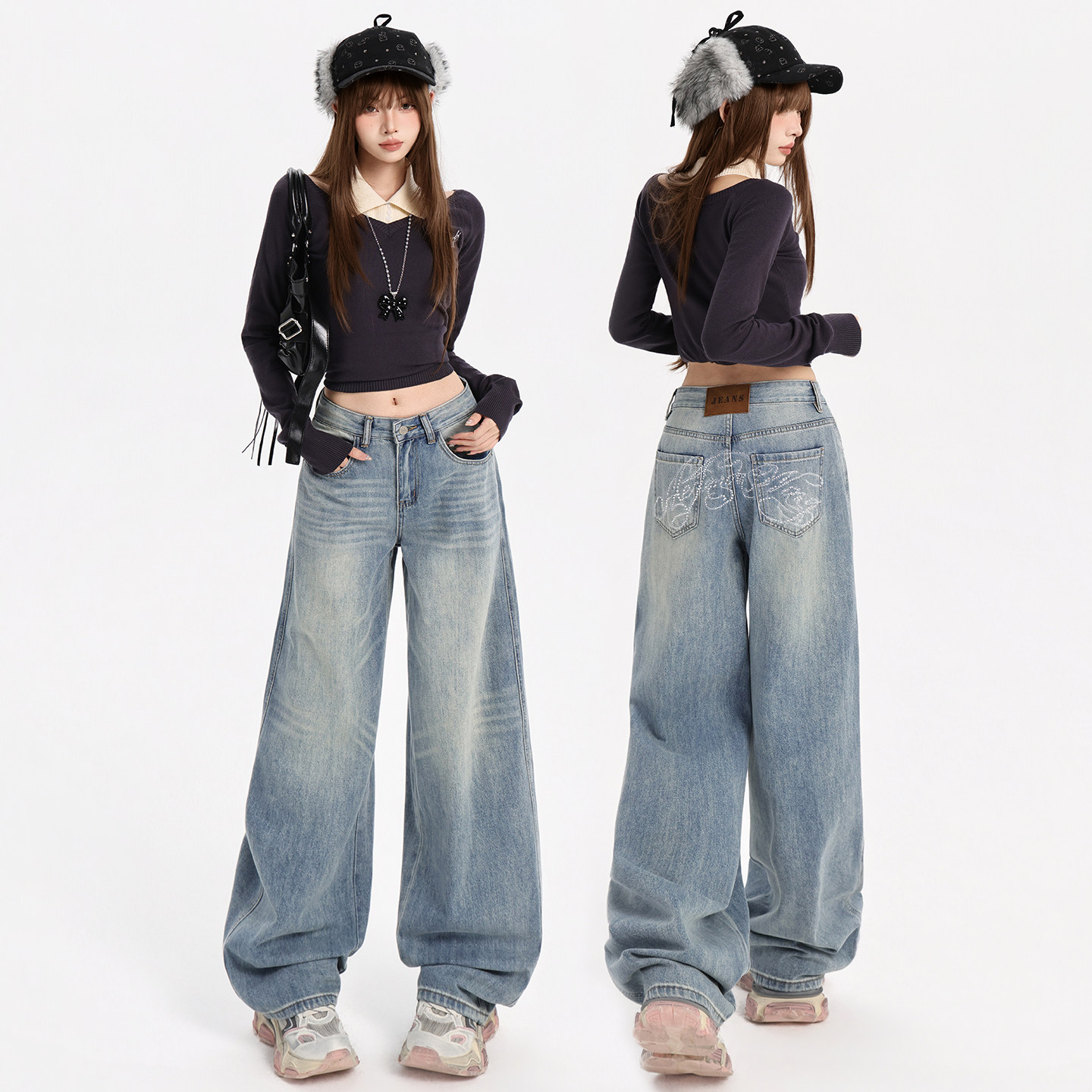 日本offcat美式重工烫钻阔腿牛仔裤女秋冬新款浅色设计感百搭宽松