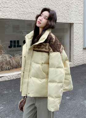 日本offcat羊羔毛拼接黄色羽绒服女冬季新款小个子短款洋气别致加