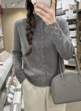 日本offcat气质高级感灰色钩花半高领保暖毛衣女冬季加厚保暖针织