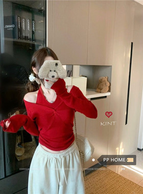 日本offcat温柔风红色假两件挂脖扭结毛衣女秋冬修身显瘦内搭打底