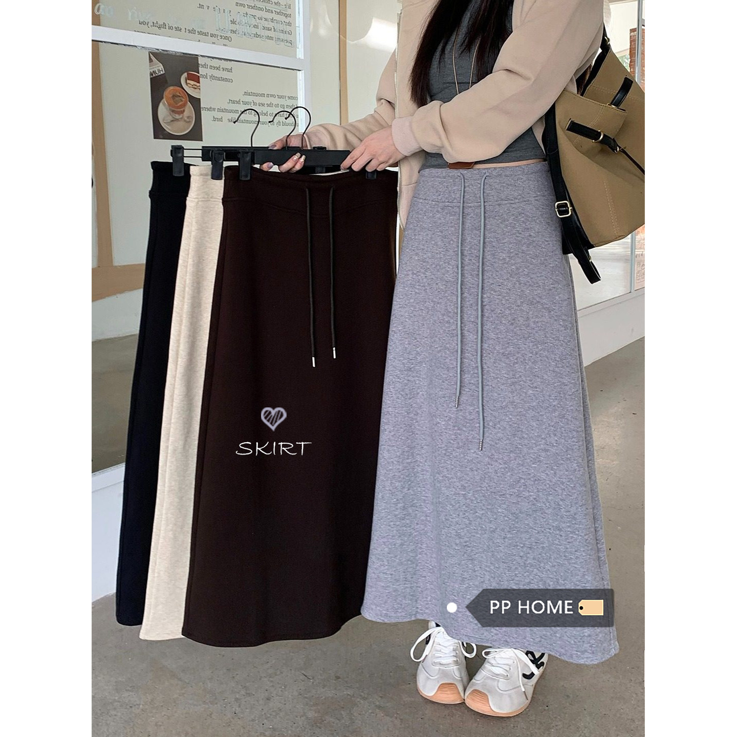 日本offcat浅灰色加绒保暖松紧抽绳半身裙女秋冬休闲百搭后开叉直