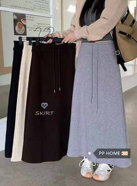日本offcat浅灰色加绒保暖松紧抽绳半身裙女秋冬休闲百搭后开叉直