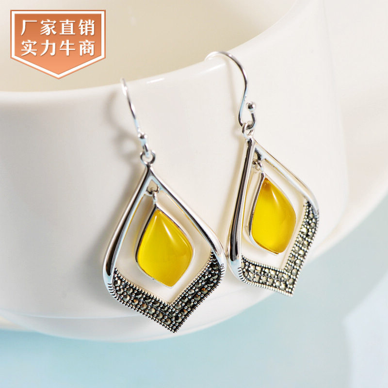 小黑银饰s925复古泰银黄玉髓镶马克赛女款耳环水滴形民族风银耳坠