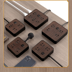 公正午木纹插座桌面插排多功能家用不挡开关多孔位插板带线带USB