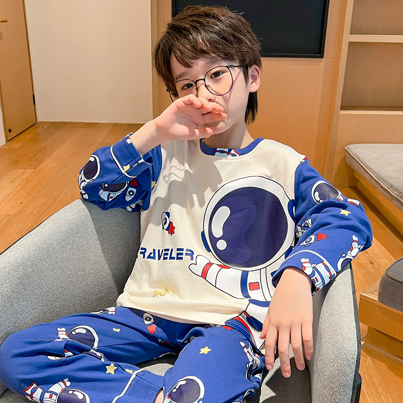 儿童睡衣男童夏季薄款2024新款长袖纯棉春秋男孩中大童家居服套装