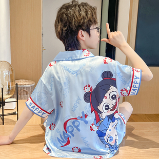 儿童睡衣男童夏季冰丝薄款短袖中大童男孩2025新款哪吒家居服套装