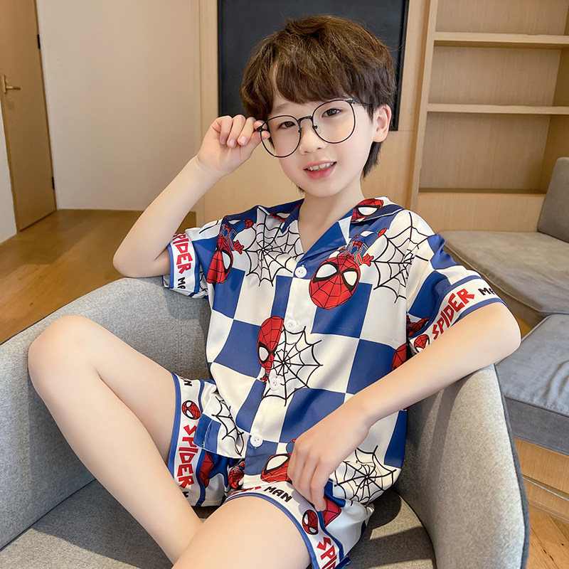 儿童睡衣男童夏季薄款男孩短袖冰丝卡通蜘蛛侠空调居家服套装夏天