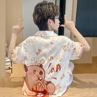 儿童睡衣男童夏季薄款冰丝短袖2025新款卡皮巴拉中大童男孩家居服