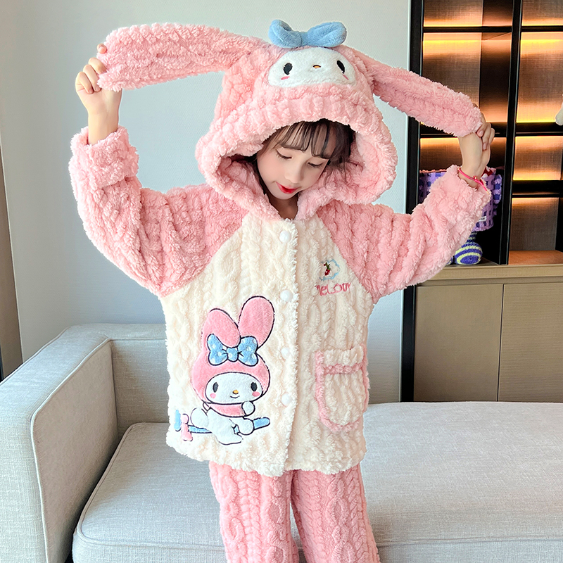 儿童睡衣女加绒加厚秋冬季可爱珊瑚绒卡通美乐蒂女童法兰绒家居服
