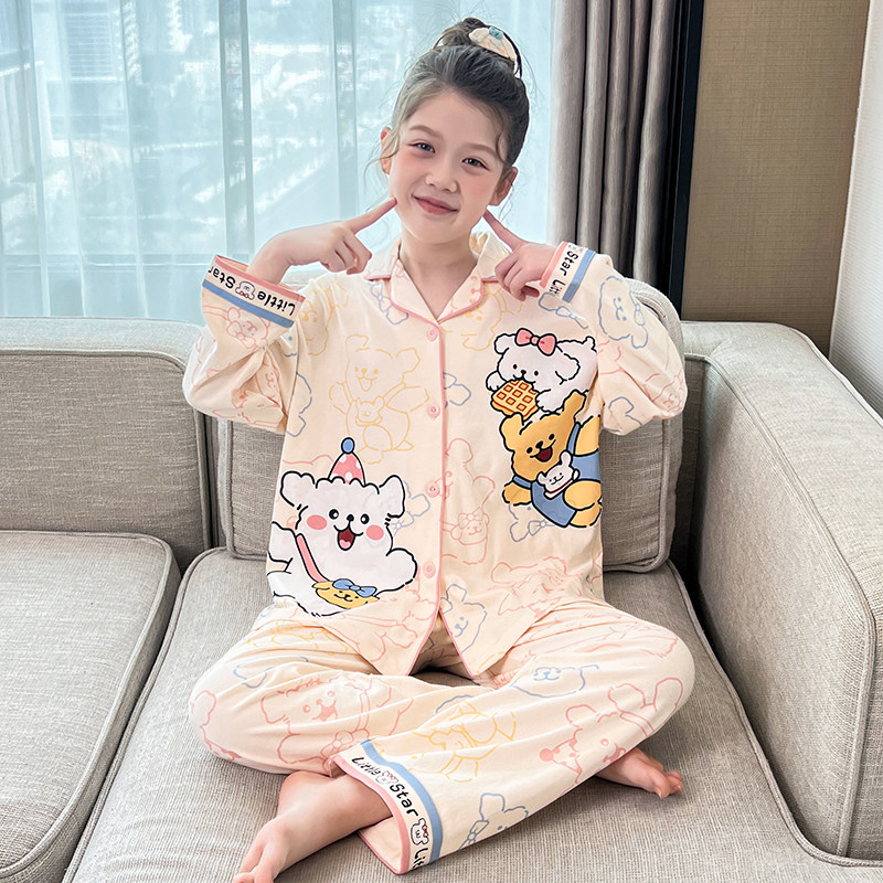 女童纯棉长袖开衫线条狗家居服