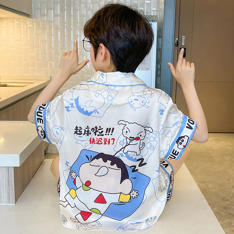 男童冰丝睡衣夏季薄款2026新款蜡笔小新卡通短袖短裤青少年家居服