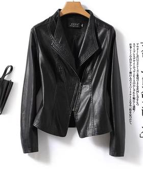 海宁外套女短款修身加大码黑色真皮夹克2024春秋新品绵羊皮女皮衣
