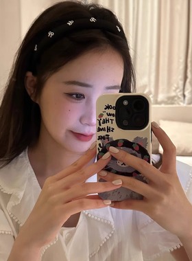 请你次蛋糕~黑色蝴蝶结银标发箍简约韩系气质小众洗脸不压发头箍