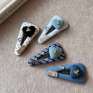 韩国ins牛仔布艺发夹爱心包布扣三角bb夹甜美时尚 边夹发卡发饰女