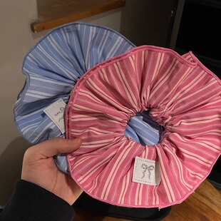 韩国博主时尚条纹大肠发圈时髦气质低丸子头马尾弹力慵懒2025新款