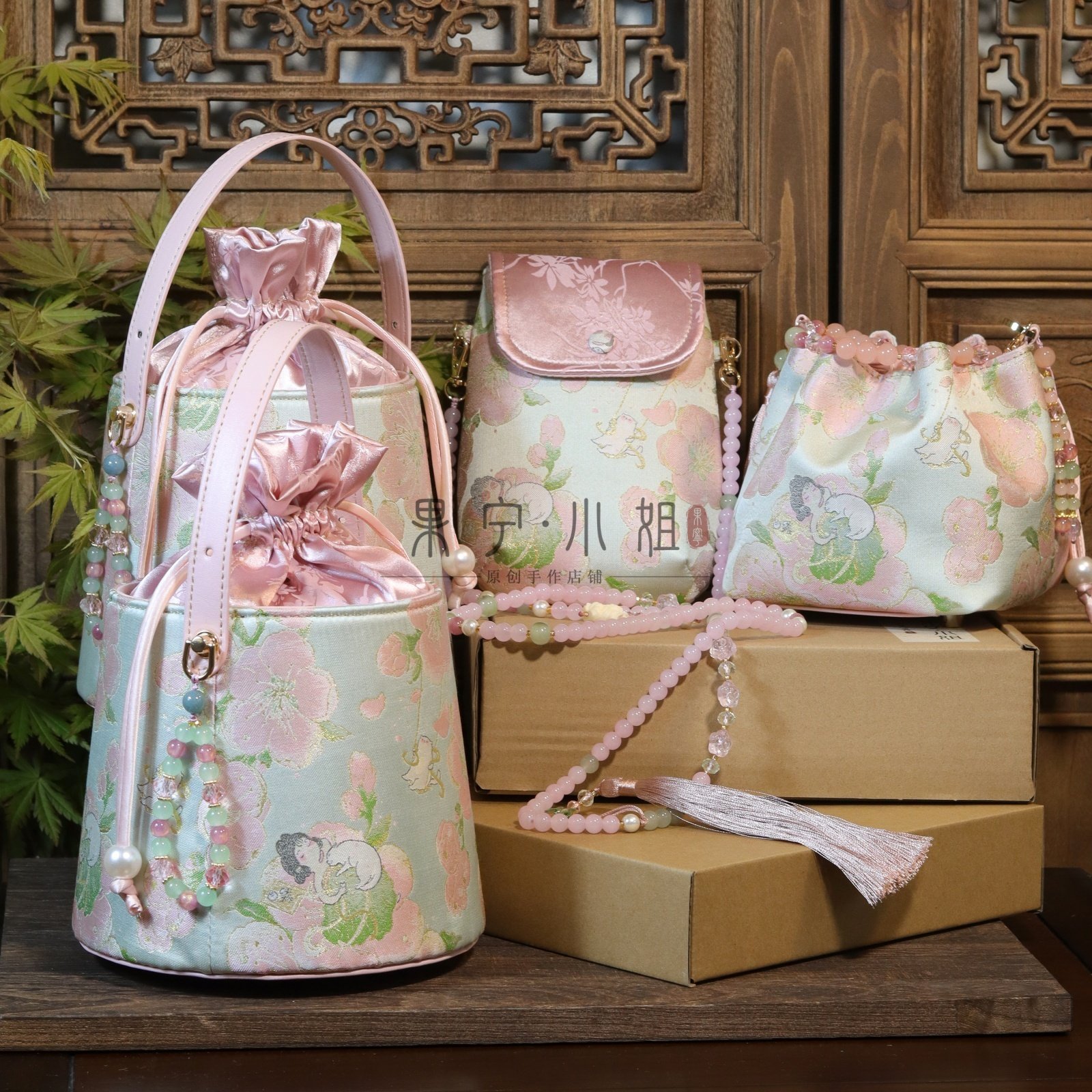 姑胥宋锦真丝（桃花仙子系列）新中式国风水桶龙骧手机束口包,箱包皮具/热销女包/男包,水桶包,淘宝优惠券,粉丝福利购,淘宝优惠卷