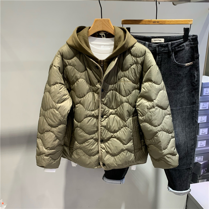 假两件连帽轻盈羽绒服男士潮牌90白鸭绒防寒户外休闲菱形格羽绒服