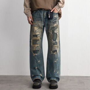 潮牌牛仔裤男款直筒刮烂破洞补丁高端纯棉2026新款设计感小众长裤