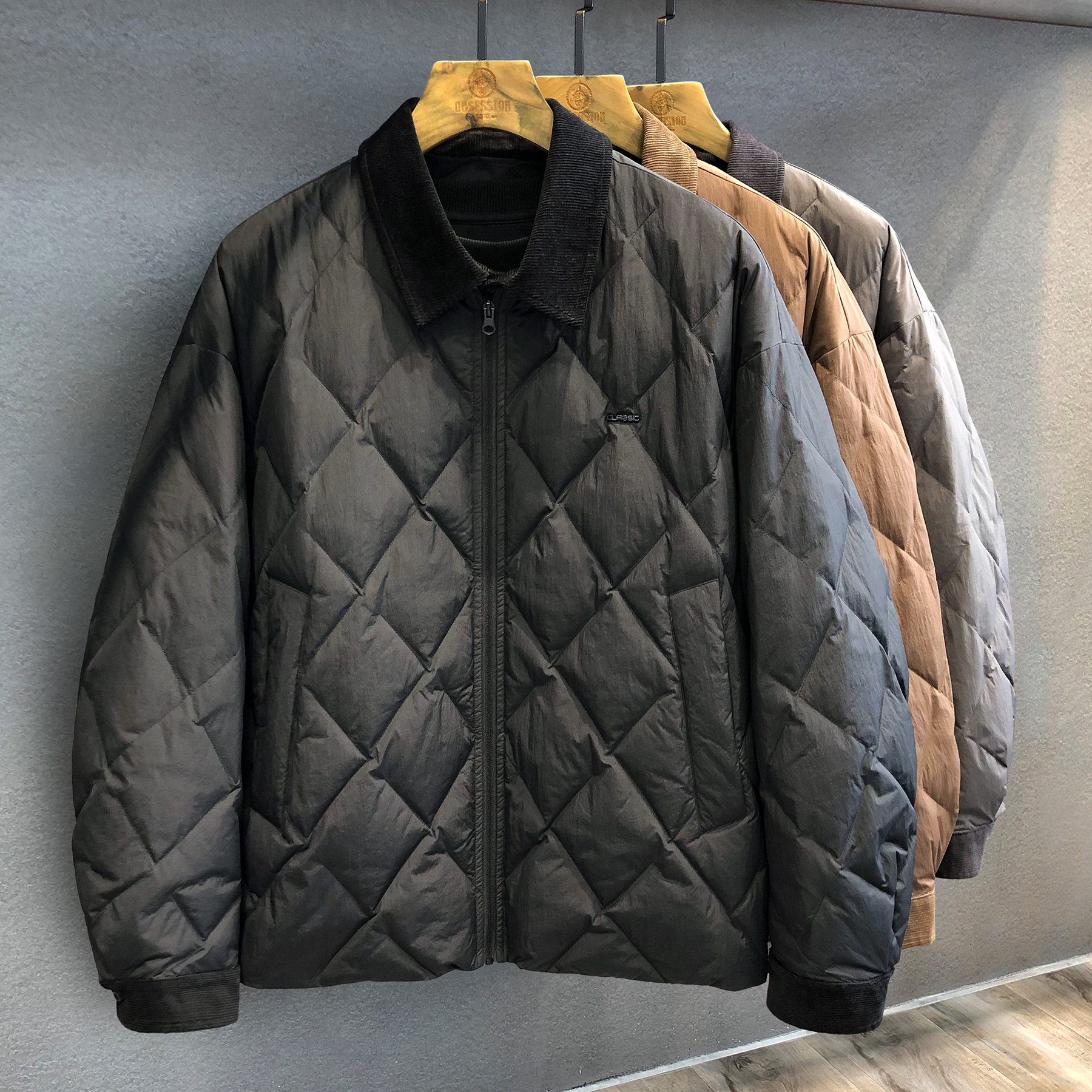 专柜假两件复古菱形格90白鸭绒翻领羽绒服男士冬季新款保暖外套男