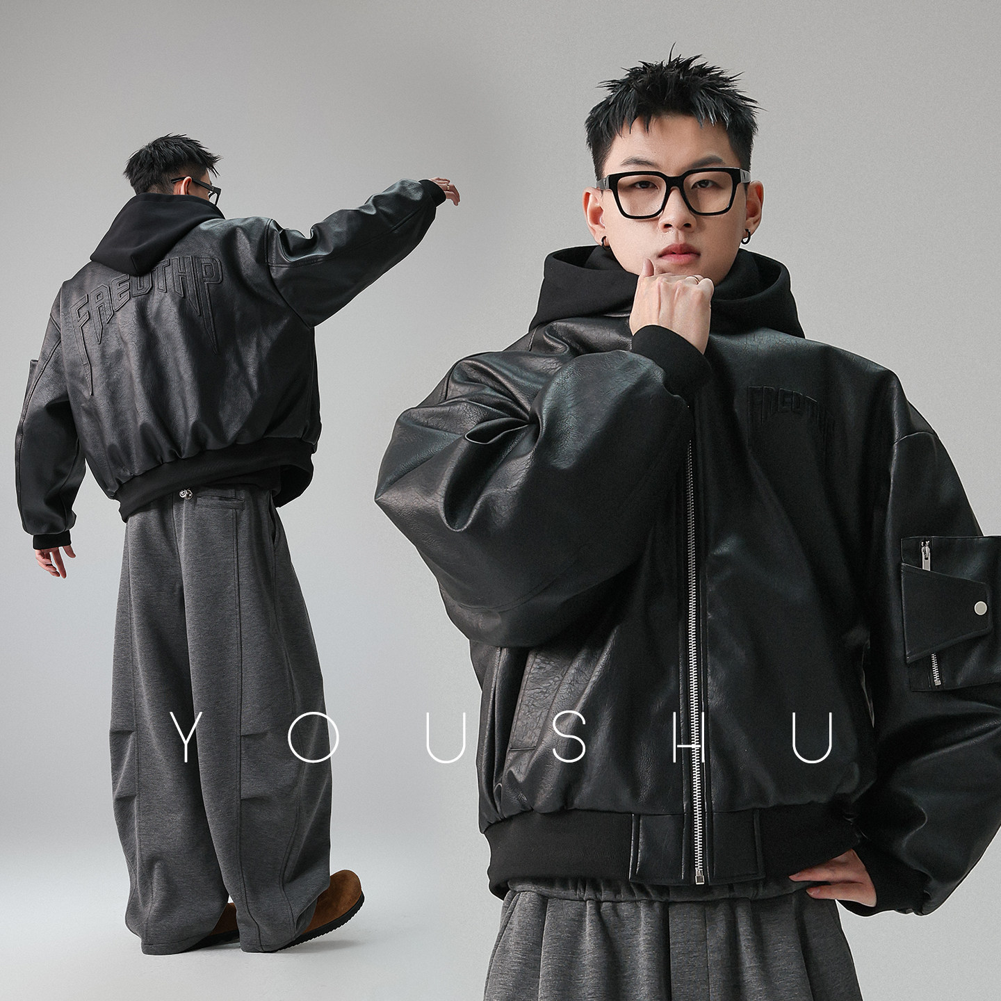 可拆卸连帽PU皮羽绒服男2025冬季新款美式高街字母印花夹克