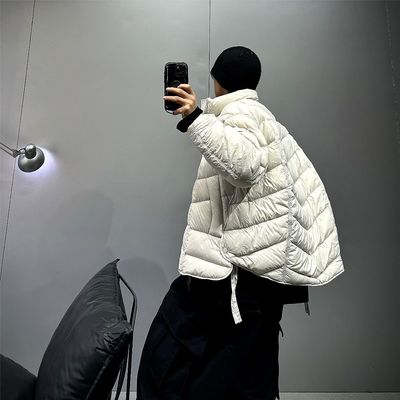 新款90白鸭绒立领短款羽绒服男轻薄款纯色廓形排骨羽绒服保暖外套