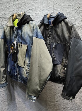 易麦正品水洗牛仔拼接男士羽绒服外套90白鸭绒连帽假两件潮牌男士