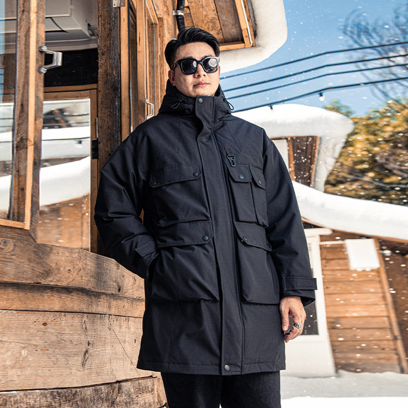 2025潮牌大码男装胖子加肥加大连帽羽绒服中长款宽松工装外套