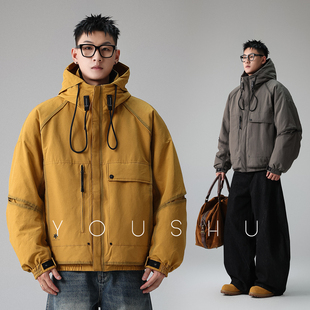 有术白鸭绒多口袋抽绳工装连帽羽绒服男冬季2025新款潮牌纯色外套