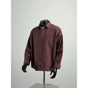 男纯棉宽松休闲翻领潮牌衬衣外套 衬衫 2026春季 简约红色小格子长袖