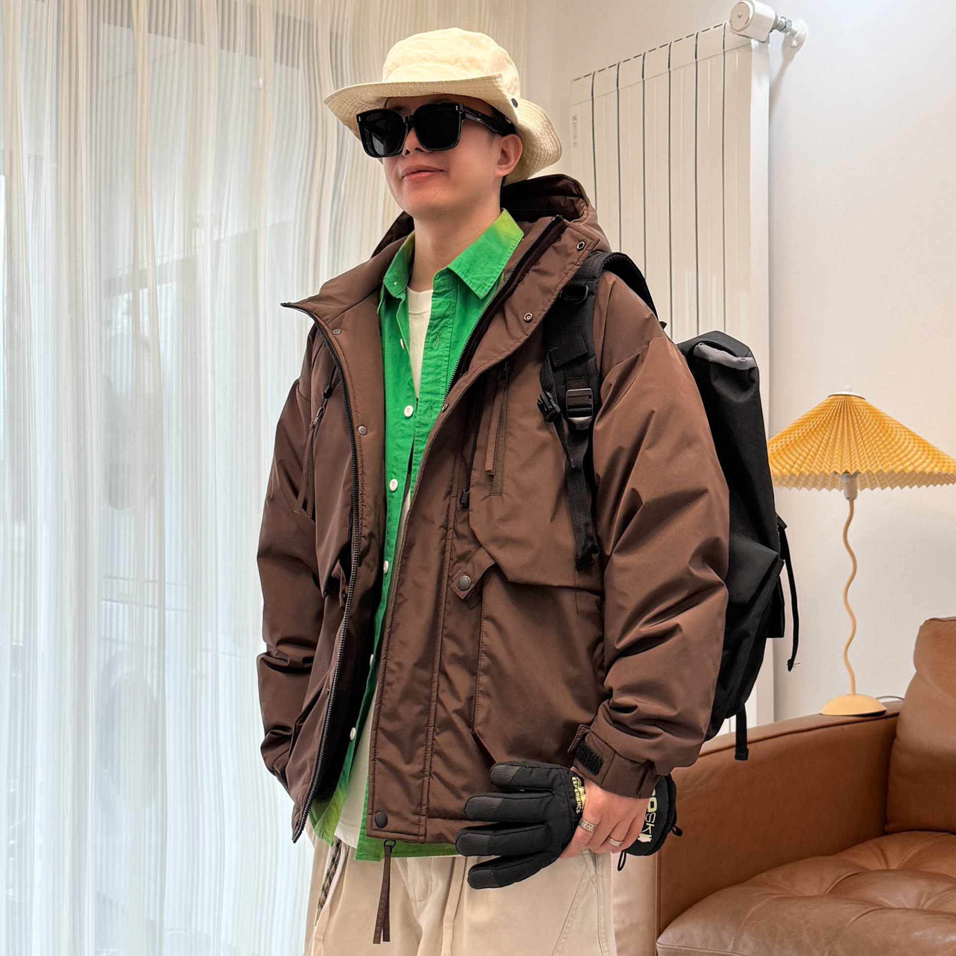 咖啡色工装连帽羽绒服男大码加肥加大多口袋青少年宽松肥佬外套潮