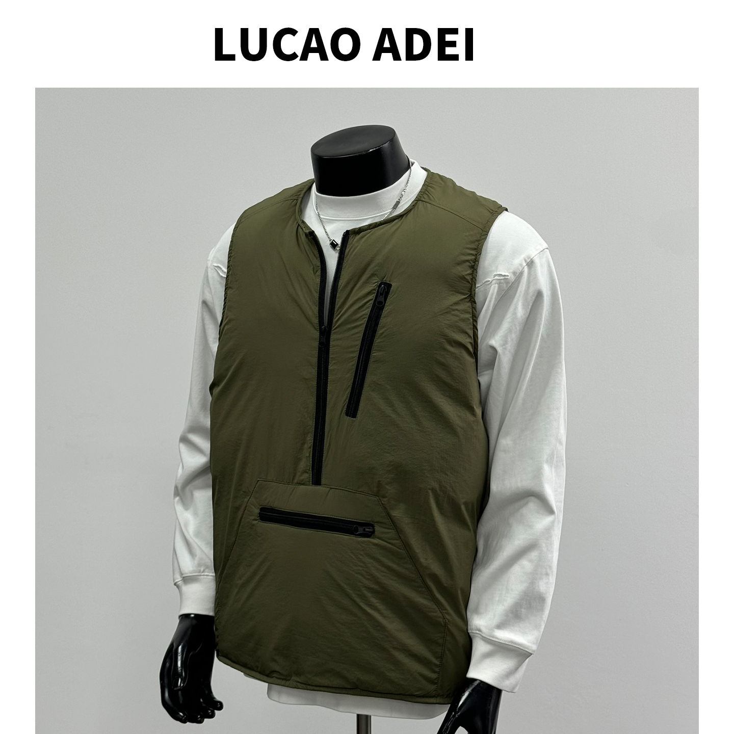 2025年冬季新款美式复古风无领无袖套头坎肩马甲羽绒服外套男绿色