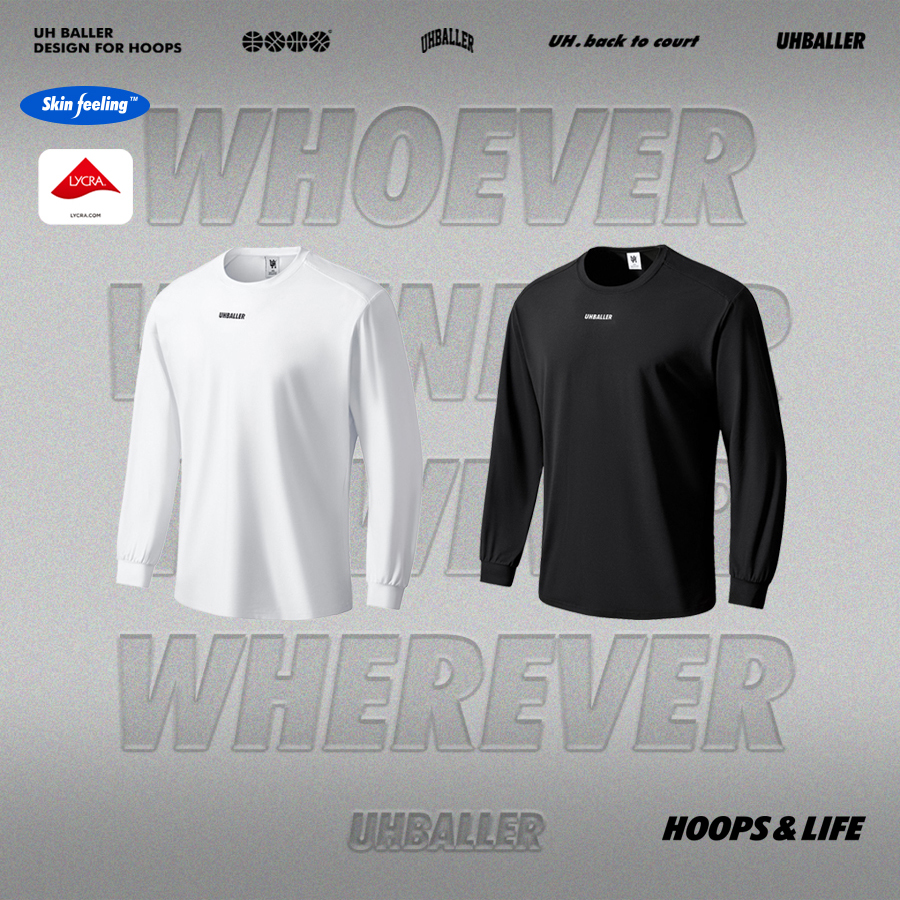 UH美式篮球莱卡长袖T恤圆领速干运动训练服宽松投篮服男休闲上衣