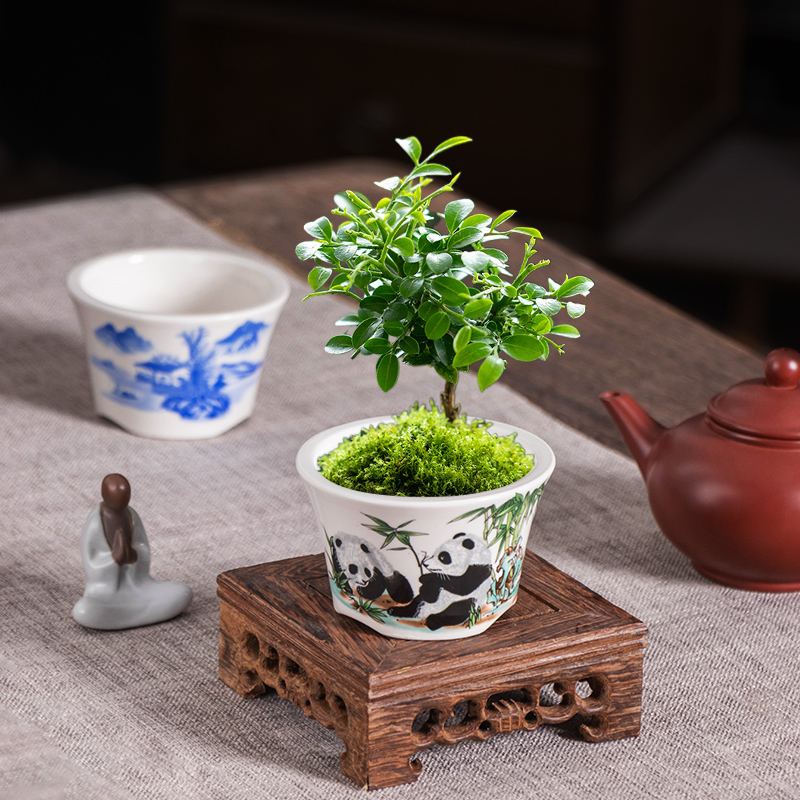 绿植陶瓷小口径花盆中式室内桌面迷你摆件圆形贴画小花盆创意装饰图片