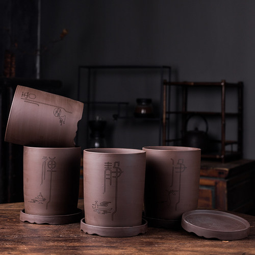 精品紫砂花盆透气文竹兰花带拖