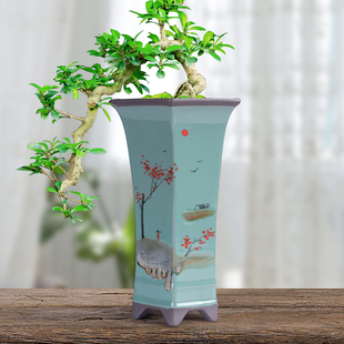 兰花专用花盆中国风山水手绘高盆大号盆栽精品紫砂