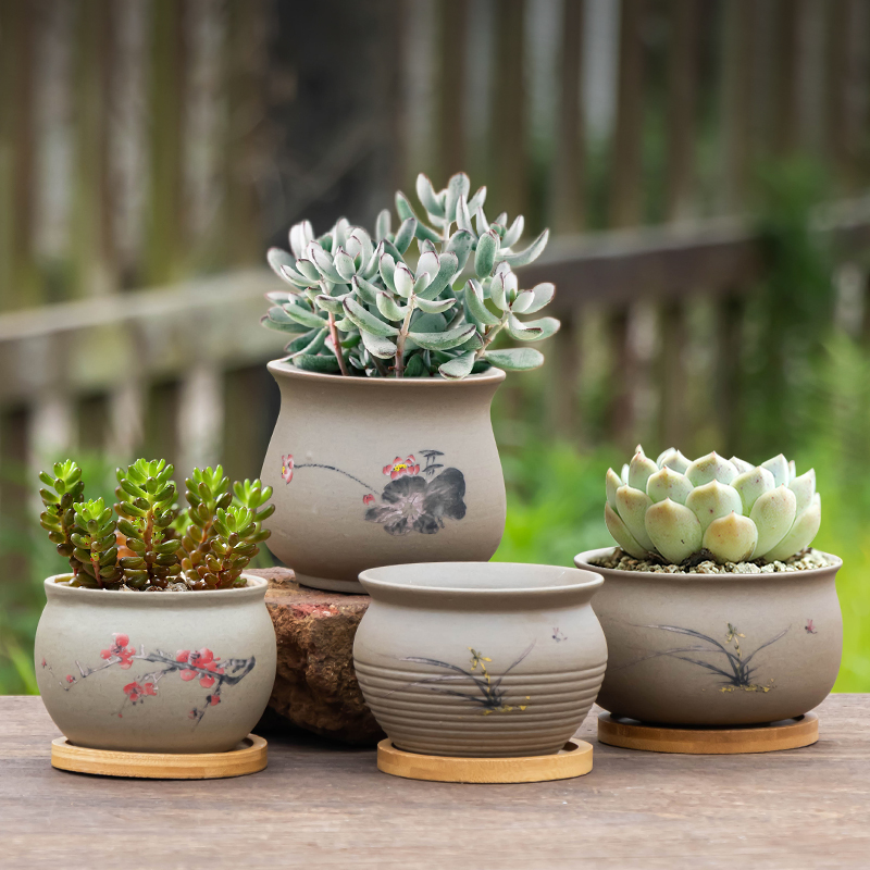 简约粗陶多肉花盆创意手绘陶瓷大口径盆栽盆家用桌面肉肉盆带托盘